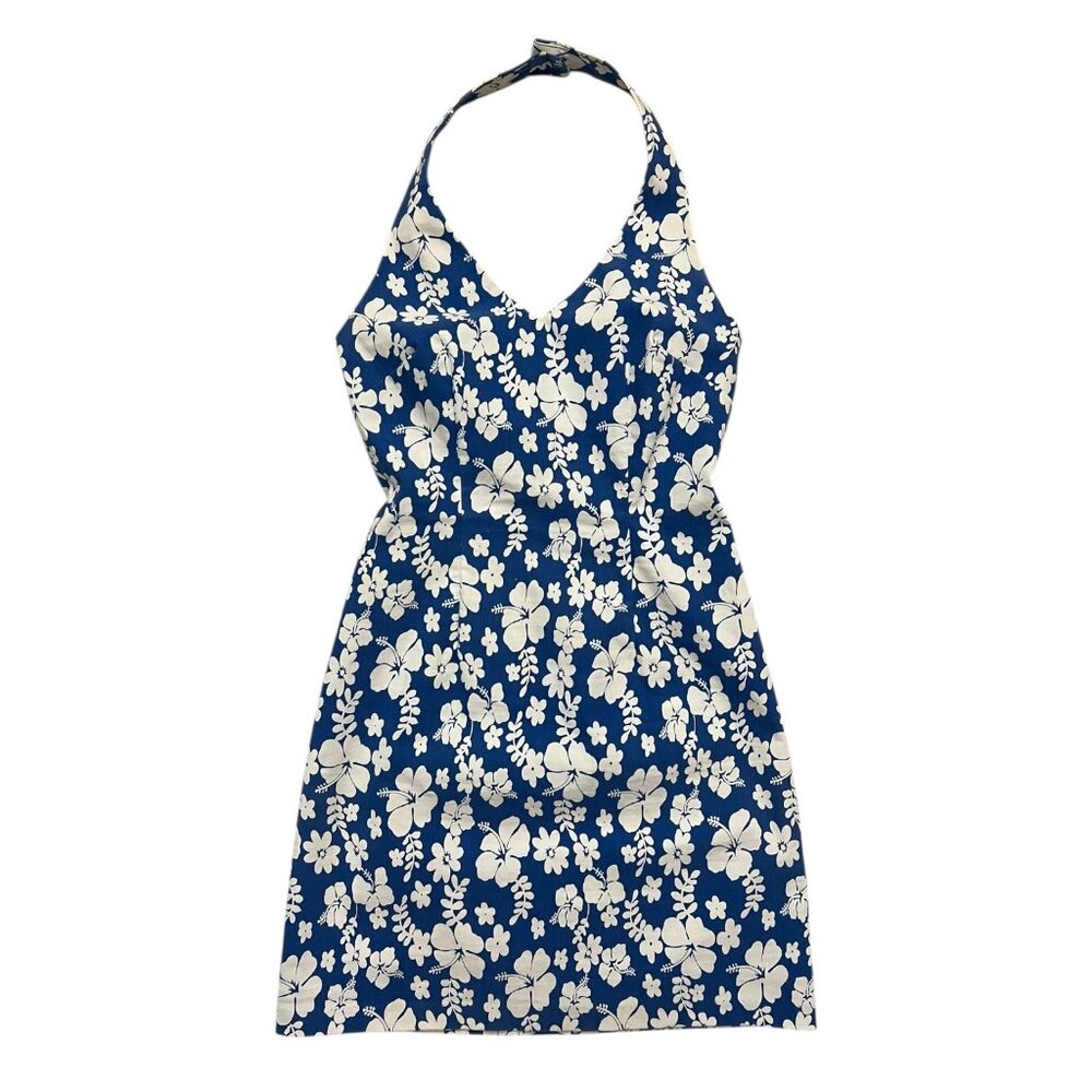 City Triangles Hawaiian Floral Halter Mini‎ Dress Blue 4 Tropical Resort Luau